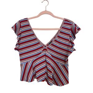 Wild Fable Striped Deep Vneck Knit Top Peplum Flutter Sleeves Colorful Size M